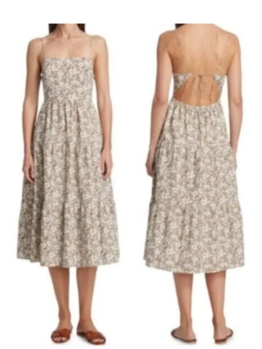 NWT Rails Brown & White  Floral Tiered  Midi Dress Large